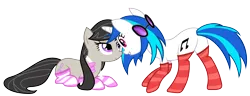 Size: 3000x1149 | Tagged: safe, artist:alexiy777, derpibooru import, octavia melody, vinyl scratch, earth pony, pony, unicorn, bow, bowtie, clothes, female, lesbian, looking at each other, mare, scratchtavia, shipping, simple background, smiling, socks, striped socks, transparent background, vector