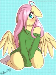 Size: 1500x2000 | Tagged: anthro, artist:silverfox057, bare shoulders, blushing, clothes, cute, derpibooru import, ear fluff, female, floppy ears, fluttershy, hair over one eye, oversized clothes, oversized shirt, pegasus, safe, shirt, shy, shyabetes, signature, socks, solo, sweater, sweatershy