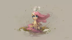 Size: 1920x1080 | Tagged: angel bunny, artist:huussii, derpibooru import, flower, flower in hair, fluttershy, looking up, open mouth, safe, sitting, wallpaper, wind, windswept mane