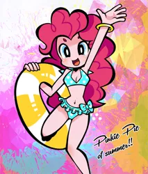 Size: 500x587 | Tagged: safe, artist:rikuta, derpibooru import, pinkie pie, equestria girls, armpits, attached skirt, belly button, bikini, blue swimsuit, cleavage, clothes, cute, female, frilled swimsuit, polka dot swimsuit, side-tie bikini, solo, swimsuit