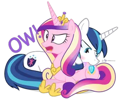 Size: 960x780 | Tagged: safe, artist:dm29, derpibooru import, princess cadance, shining armor, alicorn, pony, unicorn, biting, blushing, butt bite, dialogue, duo, female, frown, glare, horses doing horse things, literal butthurt, love bite, male, mare, nom, open mouth, pain, prone, simple background, smiling, smirk, stallion, this will end in sleeping on the couch, transparent background, wide eyes