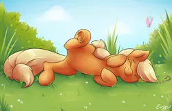 Size: 1200x771 | Tagged: safe, artist:erysz, derpibooru import, applejack, pony, cute, grass, horses doing horse things, jackabetes, rolling, silly, silly pony, solo, underhoof