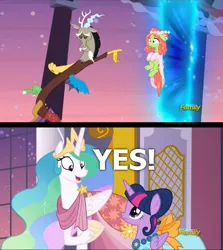 Size: 512x574 | Tagged: alicorn, derpibooru import, discord, frown, grin, image macro, make new friends but keep discord, meme, open mouth, portal, princess celestia, safe, screencap, smiling, tree hugger, twilight sparkle, twilight sparkle (alicorn), wide eyes, yes