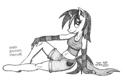 Size: 1024x667 | Tagged: anthro, anthro oc, artist:mane-shaker, belly button, clothes, derpibooru import, ear piercing, earring, female, fingerless gloves, gloves, monochrome, oc, oc:sparky riddlefront, piercing, shorts, solo, solo female, suggestive, tanktop, traditional art, unofficial characters only