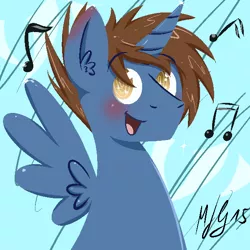 Size: 600x600 | Tagged: safe, artist:morroderthefreakyguy, derpibooru import, oc, oc:headlong flight, unofficial characters only, alicorn, pony, alicorn oc, blushing, cute, looking at you, music notes, open mouth, portrait, singing, smiling, solo, spread wings, swirly eyes