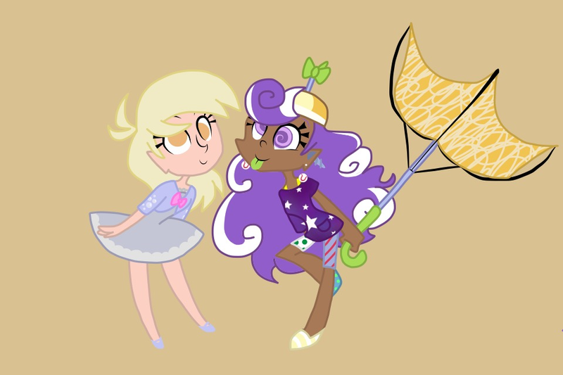 Size: 960x640 | Tagged: safe, artist:miss-zi-zi, derpibooru import, derpy hooves, screwball, human, clothes, dark skin, derpball, dress, hat, humanized, propeller hat, shipping, swirly eyes, tongue out, umbrella