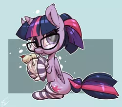 Size: 1250x1098 | Tagged: safe, artist:atryl, derpibooru import, twilight sparkle, twilight sparkle (alicorn), alicorn, pony, adorkable, alternate hairstyle, chibi, clothes, cute, dork, female, glasses, mare, milkshake, ponytail, socks, solo, striped socks, twiabetes