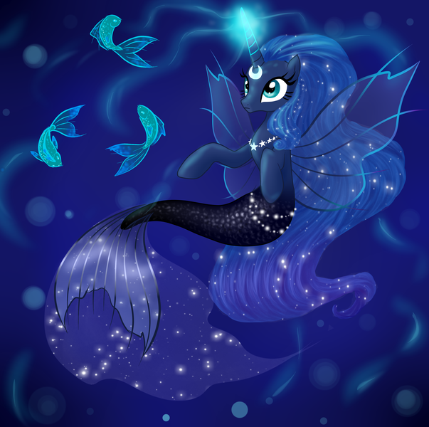 Size: 3219x3204 | Tagged: safe, artist:aurora69rainbow, derpibooru import, princess luna, alicorn, fish, mermaid, merpony, pony, blue mane, bubble, ethereal mane, eyelashes, female, fin wings, fish tail, flowing mane, flowing tail, glow, glowing horn, green eyes, horn, image, magic, mare, mermaidized, necklace, ocean, png, seapony luna, solo, species swap, starry mane, swimming, tail, underwater, water, wings