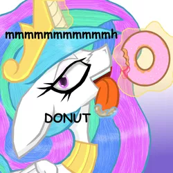 Size: 2000x2000 | Tagged: safe, artist:cuddlelamb, derpibooru import, princess celestia, donut, donutlestia, floppy ears, magic, solo, telekinesis, tongue out