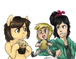 Size: 600x462 | Tagged: artist:dynamocha, attack on titan, derpibooru import, derpy hooves, food, human, humanized, ponified, potato, safe, sasha braus, sugar rush, vanellope von schweetz, wreck-it ralph