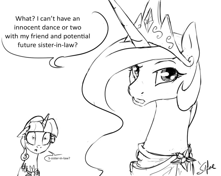 Size: 1280x1024 | Tagged: safe, artist:silfoe, derpibooru import, princess celestia, twilight sparkle, twilight sparkle (alicorn), alicorn, pony, royal sketchbook, make new friends but keep discord, alternate hairstyle, clothes, dialogue, dress, female, grayscale, implied twiluna, looking at you, mare, monochrome, sketch, speech bubble