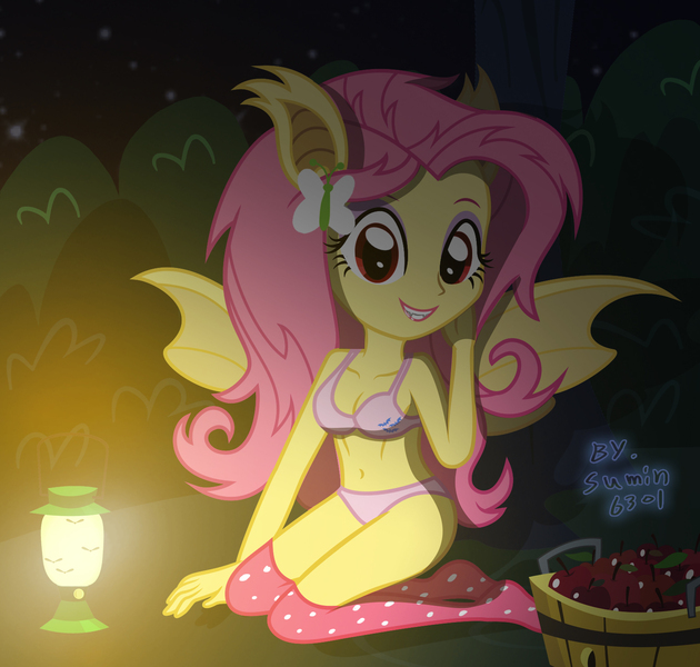 Size: 1522x1449 | Tagged: suggestive, artist:sumin6301, derpibooru import, fluttershy, equestria girls, belly button, bra, breasts, cleavage, clothes, cutie mark underwear, female, flutterbat, panties, pink underwear, race swap, solo, solo female, stockings, underwear