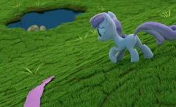 Size: 1763x1080 | Tagged: 3d, 3d model, artist:3d thread, blender, clothes, derpibooru import, dumb fabric, fabric, field, grass, /mlp/, pond, safe, scene interpretation, solo, sweetie belle, worried