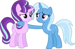 Size: 12302x8015 | Tagged: safe, artist:geometrymathalgebra, derpibooru import, starlight glimmer, trixie, pony, unicorn, the cutie map, absurd resolution, cute, eye contact, female, grin, heartwarming in hindsight, hilarious in hindsight, hug, lesbian, lidded eyes, looking at each other, mare, shipping, simple background, smiling, startrix, transparent background, vector