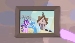 Size: 1182x687 | Tagged: dead source, safe, artist:dcencia, artist:geometrymathalgebra, derpibooru import, starlight glimmer, trixie, pony, unicorn, the cutie map, cute, female, friendshipping, hilarious in hindsight, hug, mare, our town, portrait, starlight's picture frame, vector