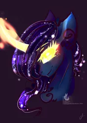 Size: 1024x1448 | Tagged: artist:wilvarin-liadon, bust, curved horn, derpibooru import, glowing eyes, oc, oc:solar eclipse, safe, solo, unofficial characters only