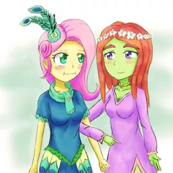 Size: 1000x1000 | Tagged: safe, artist:jumboz95, derpibooru import, fluttershy, tree hugger, equestria girls, make new friends but keep discord, :i, breasts, busty fluttershy, busty tree hugger, cleavage, equestria girls-ified, female, flutterhugger, humanized, lesbian, shipping, we bought two cakes