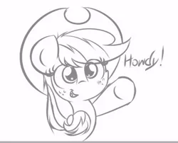 Size: 586x473 | Tagged: safe, artist:heavymetalbronyyeah, derpibooru import, applejack, earth pony, pony, cute, female, howdy, jackabetes, lineart, mare, monochrome, open mouth, solo, waving