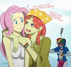 Size: 620x585 | Tagged: safe, artist:kibate, derpibooru import, fluttershy, rainbow dash, tree hugger, equestria girls, make new friends but keep discord, :i, angry, blushing, breasts, busty fluttershy, dialogue, equestria girls-ified, female, flutterdash, flutterhugger, high, humanized, jealous, lesbian, love triangle, possessive, red eyes, red eyes take warning, shipping, stoned, this will end in pain, this will end in tears, this will end in tears and/or death, yandere, yanderebow dash