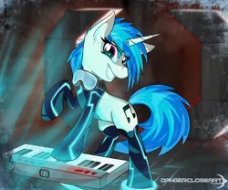 Size: 1024x853 | Tagged: artist:dangercloseart, bodysuit, crossover, derpibooru import, epic, goggles, keyboard, klayton celldweller, safe, solo, vinyl scratch