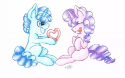 Size: 1024x643 | Tagged: artist:cyanyeh, balloon, derpibooru import, female, heart, male, partybelle, party favor, safe, shipping, sitting, straight, sugar belle, traditional art