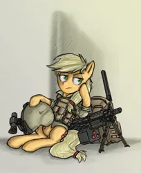 Size: 1275x1563 | Tagged: applejack, artist:exlinard, backpack, clothes, derpibooru import, gun, helmet, m249, machine gun, safe, sitting, soldier, solo, uniform, war, weapon