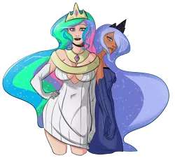 Size: 1280x1158 | Tagged: artist:swain, breasts, busty princess celestia, cleavage, clothes, cutie mark eyes, derpibooru import, dress, evening gloves, female, human, humanized, looking at you, princess celestia, princess luna, safe, simple background, transparent background, wingding eyes