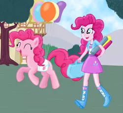 Size: 1625x1495 | Tagged: safe, artist:majkashinoda626, derpibooru import, pinkie pie, earth pony, human, pony, equestria girls, bag, balloon, banner, boots, high heel boots, human ponidox, saddle bag, smiling, square crossover, then watch her balloons lift her up to the sky