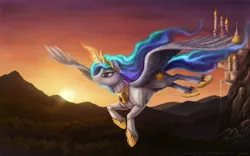 Size: 4480x2800 | Tagged: artist:bra1neater, canterlot, dawn, derpibooru import, fluffy, flying, forest, magic, mountain, princess celestia, safe, smiling, solo, spread wings, sunrise, sun work, twilight (astronomy)