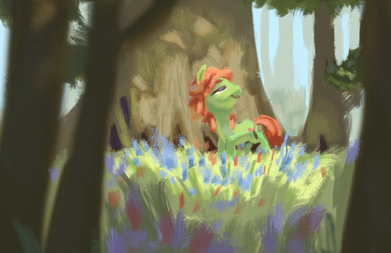 Size: 1125x730 | Tagged: safe, artist:verrmont, derpibooru import, tree hugger, earth pony, pony, make new friends but keep discord, flower, forest, solo