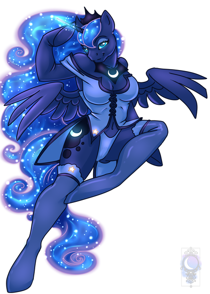 Size: 1800x2520 | Tagged: anthro, arm hooves, artist:ladyduskfall, breasts, busty princess luna, cameltoe, cleavage, clothes, derpibooru import, female, panties, princess luna, questionable, simple background, solo, solo female, stockings, underwear, unguligrade anthro, white background