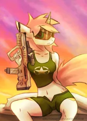 Size: 1000x1387 | Tagged: suggestive, artist:crutonart, derpibooru import, oc, oc:high impact, unofficial characters only, anthro, unicorn, belly button, clothes, eotech, female, gun, midriff, no trigger discipline, sexy, solo, solo female, tanktop, tar-21, tavor