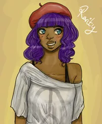 Size: 822x1000 | Tagged: artist:superlucky13, beret, dark skin, derpibooru import, human, humanized, rarity, safe, solo