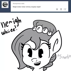 Size: 690x690 | Tagged: safe, artist:tjpones, derpibooru import, oc, oc:brownie bun, unofficial characters only, horse wife, ask, cute, horse noises, monochrome, onomatopoeia, solo, tumblr