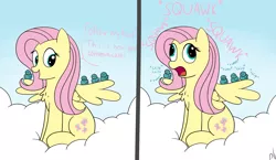 Size: 1711x990 | Tagged: safe, artist:pbhorse, derpibooru import, fluttershy, bird, pegasus, pony, behaving like a bird, chest fluff, cloud, cute, derp, eyes closed, female, mare, mlpgdraws, open mouth, sitting, smiling, spread wings, wings