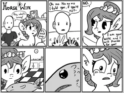Size: 960x724 | Tagged: safe, artist:tjpones, derpibooru import, oc, oc:brownie bun, oc:richard, unofficial characters only, earth pony, fish, human, pony, horse wife, ask, comic, crying, cute, cutemail, ear fluff, female, grayscale, grimderp, human male, male, mare, monochrome, sad, slice of life, teary eyes, tumblr