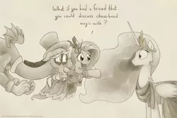 Size: 1250x834 | Tagged: safe, artist:celestiathegreatest, derpibooru import, discord, fluttershy, princess celestia, alicorn, draconequus, pegasus, pony, make new friends but keep discord, clothes, dress, gala dress, monochrome, sheepish grin, shipper on deck