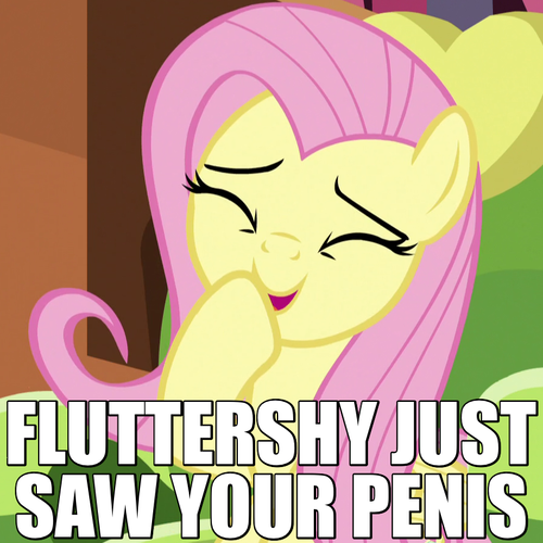 Size: 500x500 | Tagged: anti-bronybait, caption, derpibooru import, edit, edited screencap, eyes closed, fluttershy, image macro, insult, laughing, make new friends but keep discord, open mouth, questionable, raised hoof, screencap, small penis humiliation, solo