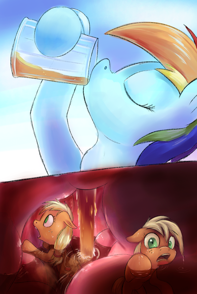 Size: 603x900 | Tagged: applejack, appletini, artist:sugahbite, cider, derpibooru import, drinking, fetish, internal, micro, preddash, questionable, rainbow dash, stomach, throat bulge, unaware, vore