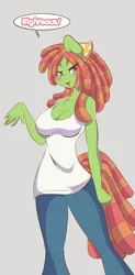 Size: 800x1620 | Tagged: safe, artist:mastergodai, derpibooru import, tree hugger, anthro, earth pony, make new friends but keep discord, big breasts, breasts, busty tree hugger, chest fluff, cleavage, clothes, female, solo, tanktop