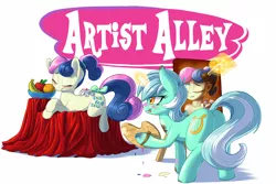 Size: 1500x1000 | Tagged: safe, artist:pusspuss, derpibooru import, bon bon, lyra heartstrings, sweetie drops, oc, oc:scary, earth pony, human, pony, spider, unicorn, alternate hairstyle, apple, banana, blushing, female, fiesta equestria, fruit bowl, glowing horn, hat, horn, humanized, lesbian, lying down, lyrabon, magic, mare, modeling, orange, paint, paint on fur, paintbrush, painting, plot, ponytail, pose, shipping, telekinesis, that pony sure does love humans, tongue out, top hat