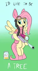 Size: 612x1134 | Tagged: safe, artist:metal-kitty, derpibooru import, fluttershy, pegasus, pony, blue background, bottomless, bunny ears, clothes, crossover, dangerous mission outfit, female, flying, glasses, gradient background, green background, gun, hooves, i'd like to be a tree, jar, jarate, mare, optical sight, partial nudity, pee in container, rifle, simple background, sniper, sniper rifle, snipershy, solo, spread wings, sweater, sweatershy, team fortress 2, text, turtleneck, urine, weapon, wings