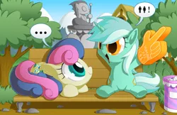 Size: 1700x1100 | Tagged: safe, artist:berrypawnch, derpibooru import, bon bon, lyra heartstrings, sweetie drops, earth pony, pony, unicorn, ..., adorabon, bench, berrypawnch is trying to murder us, big eyes, caption, confused, cute, dialogue, duo, duo female, english, female, foam finger, hand, huge eyes, implied human, looking at each other, looking up, lying, lyrabetes, meme, open mouth, prone, raised arm, raised leg, sitting, sitting lyra, smiling, speech bubble, statue, that pony sure does love humans, trash can, tree, underhoof, wide eyes
