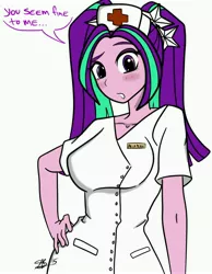 Size: 4050x5225 | Tagged: safe, artist:xxxsketchbookxxx, derpibooru import, aria blaze, equestria girls, rainbow rocks, absurd resolution, ariabetes, blushing, busty aria blaze, cute, dialogue, female, hand on hip, nurse, nurse outfit, solo, speech bubble