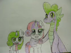 Size: 4000x3000 | Tagged: safe, artist:freakyfredover9000, derpibooru import, spike, sweetie belle, dracony, hybrid, female, interspecies offspring, male, offspring, older, parent:spike, parent:sweetie belle, parents:spikebelle, shipping, spikebelle, straight, traditional art
