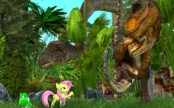 Size: 1280x800 | Tagged: 3d, artist:gummythetoothless, brachiosaurus, derpibooru import, dinosaur, fluttershy, gmod, primal carnage, safe, tyrannosaurus rex, velociraptor, yoshi, yoshi shy