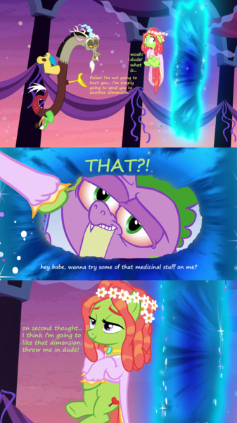 Size: 1000x1781 | Tagged: artist:titanium-pony, bedroom eyes, comic, derpibooru import, discord, discord's portal, edit, edited screencap, female, flirting, make new friends but keep discord, male, .mov, safe, screencap, screencap comic, shipping, spike, spikehugger, stoner spike, straight, tree hugger