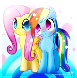 Size: 643x647 | Tagged: safe, artist:miian123, derpibooru import, fluttershy, rainbow dash, blushing, bubble, female, flutterdash, lesbian, shipping, trace