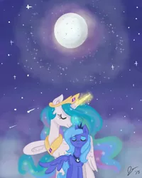 Size: 1600x2000 | Tagged: safe, artist:dreamscapevalley, derpibooru import, princess celestia, princess luna, pony, eyes closed, female, full moon, glowing horn, hug, jewelry, magic, mare, moon, night, regalia, s1 luna, sisterly love, sky, smiling, stars, winghug