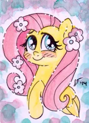 Size: 271x375 | Tagged: safe, artist:dreamscapevalley, derpibooru import, fluttershy, pony, blushing, bust, cute, female, flower, flower in hair, looking at you, mare, portrait, raised hoof, shy, smiling, solo, traditional art